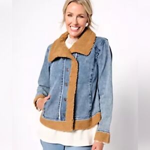 LOGO by LoriGoldstein Womens Sherpa Trim Denim Jacket Sz 10 Blue Coastal Cowgirl